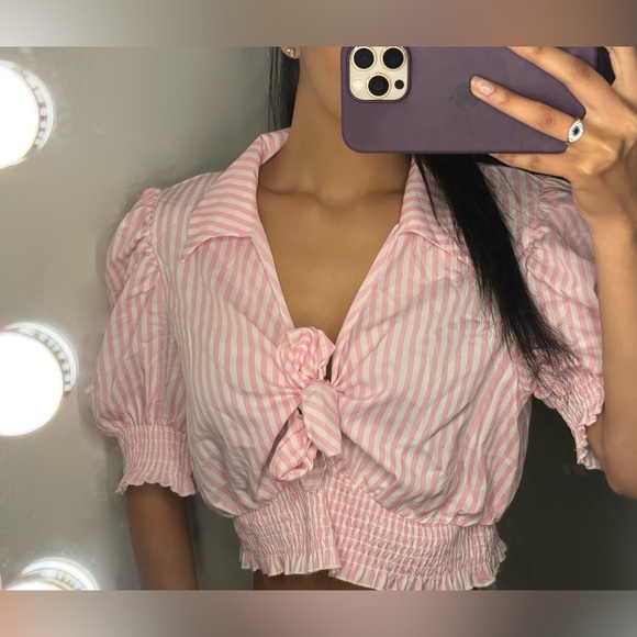 Pink and white striped crop top with tie front and ruffle details - Picture 1 of 3